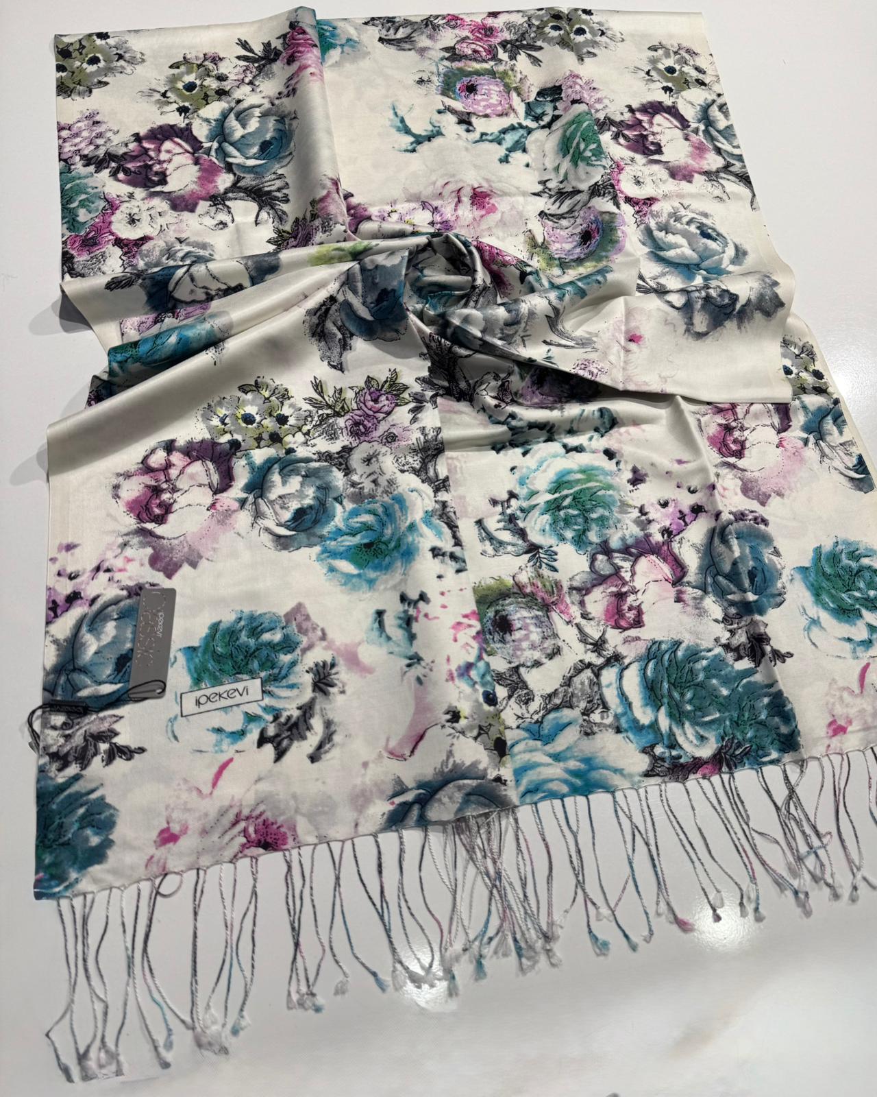 İPEKEVİ GÜLDERYASI BEYAZ MENTOL ŞAL